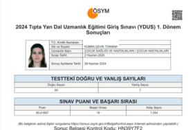 YDUS Pediatri Ondokuzuncusu Kübra Çevik TOKMAK Sonuç Belgesi