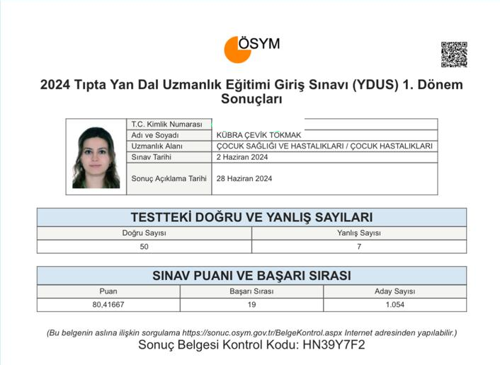 YDUS Pediatri Ondokuzuncusu Kübra Çevik TOKMAK Sonuç Belgesi